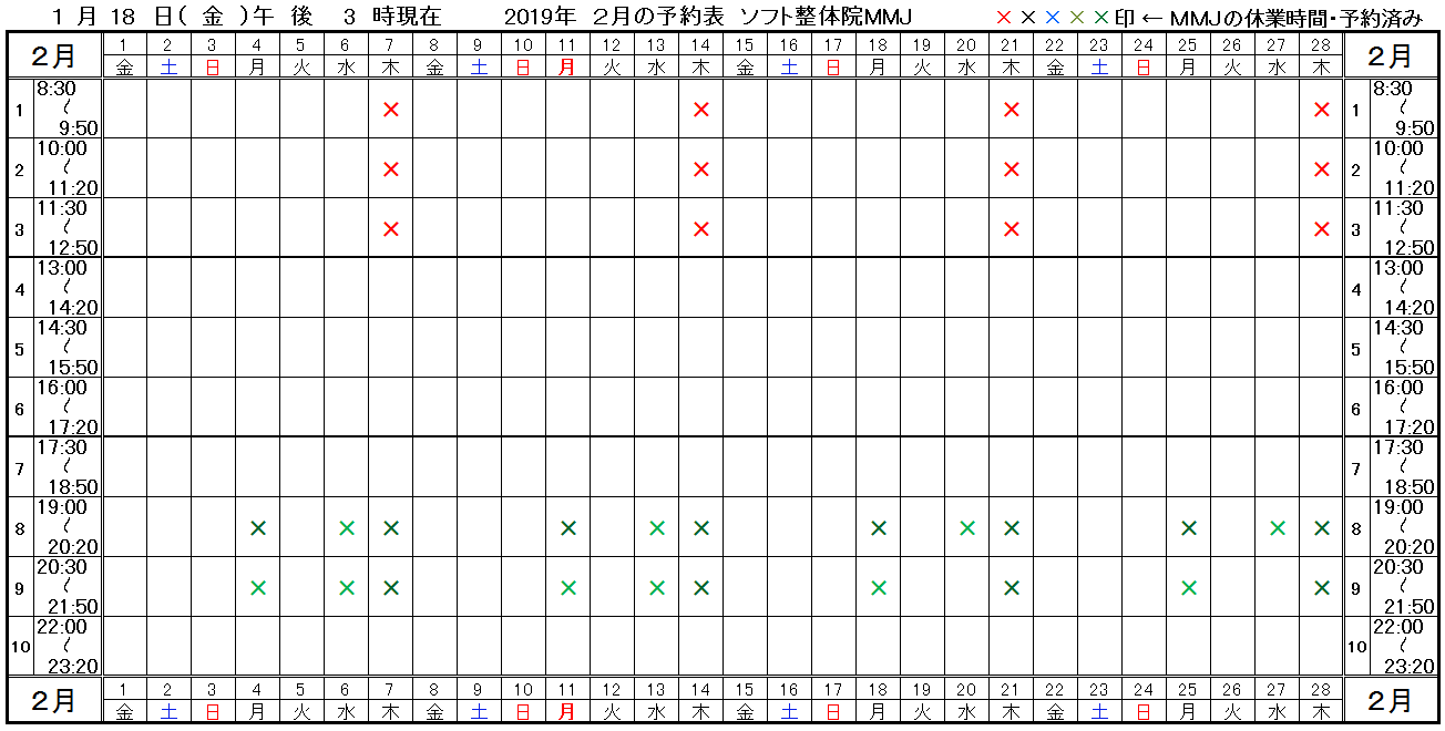 つくば市ソフト整体院MMJ2019年2月予約表