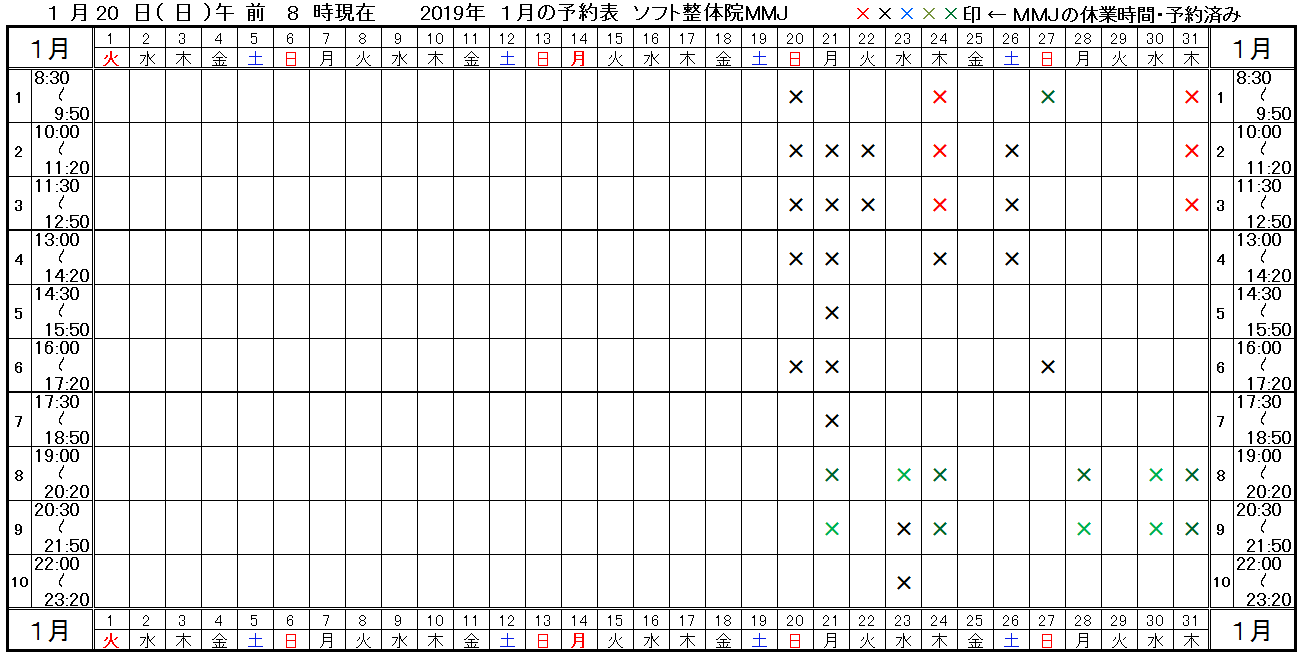 つくば市ソフト整体院MMJ2019年1月予約表