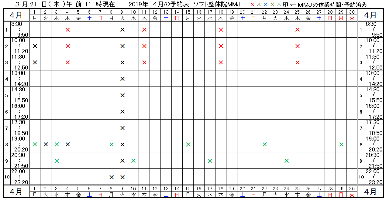 つくば市ソフト整体院MMJ2019年4月予約表