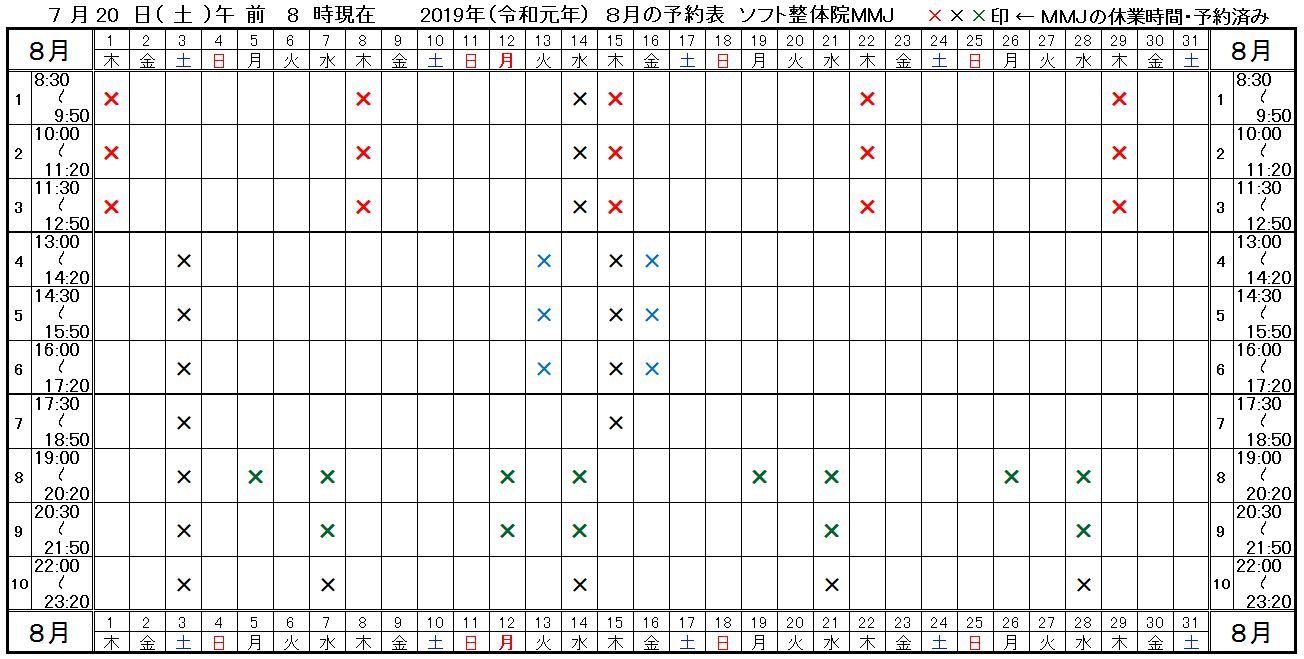 つくば市ソフト整体院MMJ2019年8月予約表