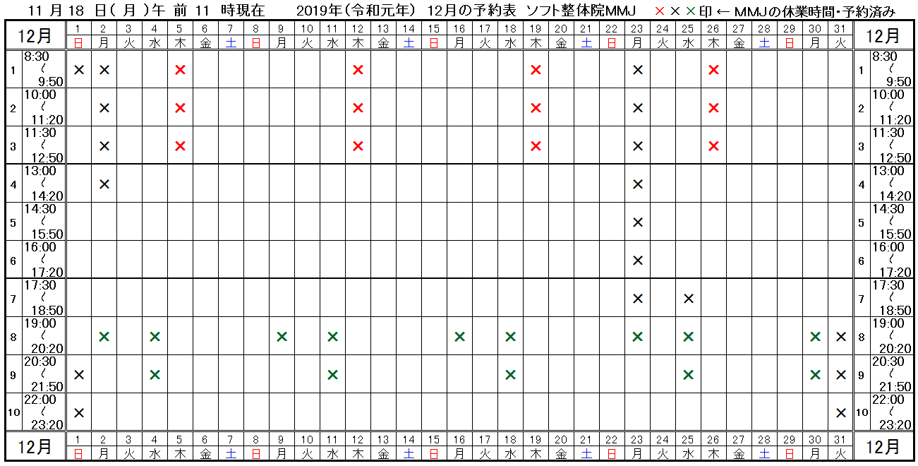つくば市ソフト整体院MMJ2019年12月予約表