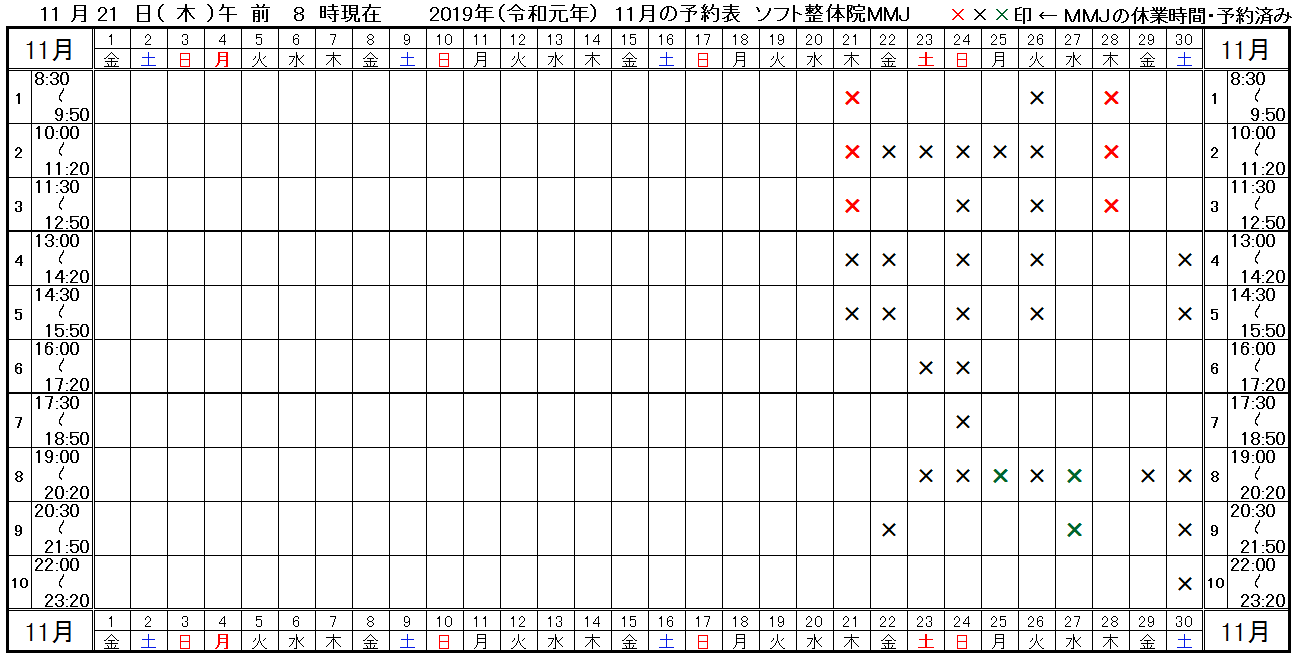つくば市ソフト整体院MMJ2019年11月予約表