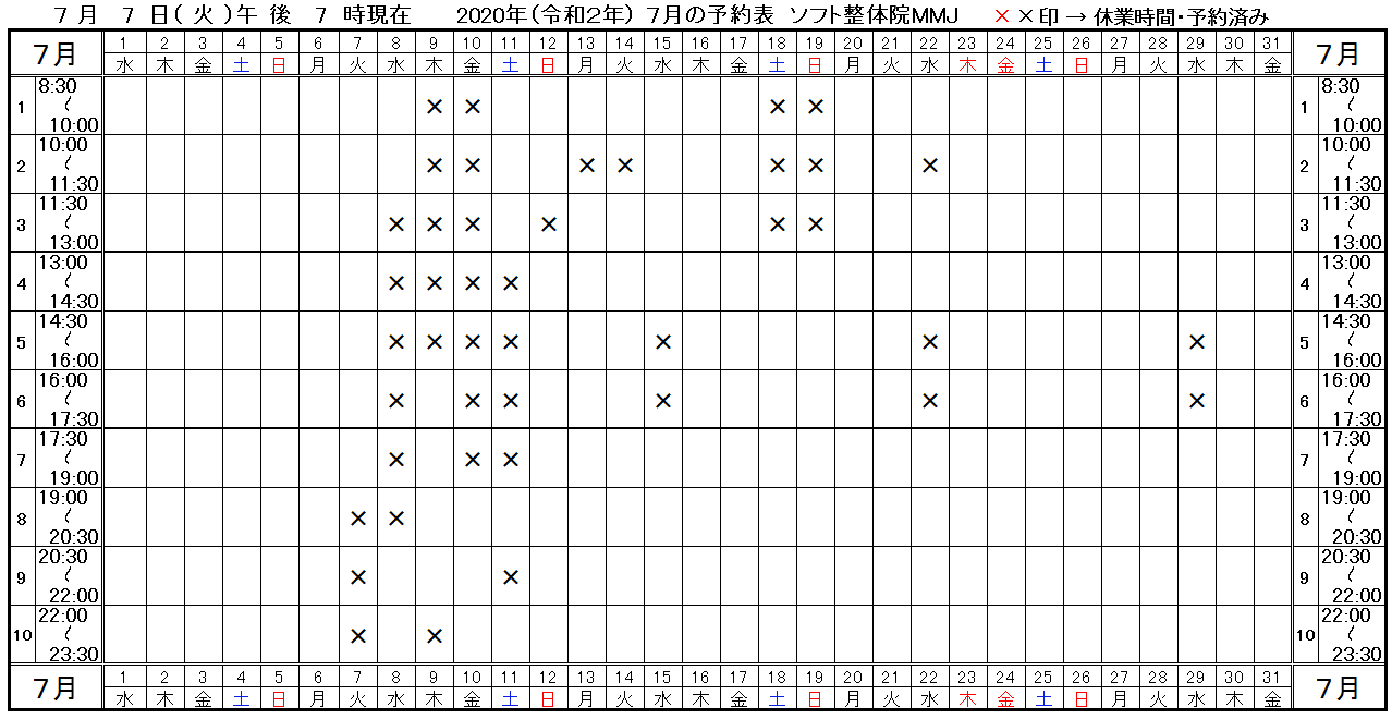 つくば市ソフト整体院MMJ2020年7月予約表