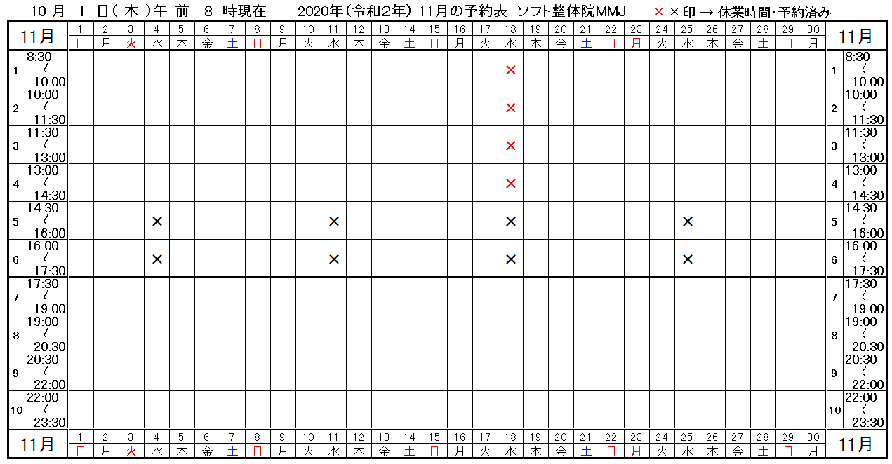 つくば市ソフト整体院MMJ2020年11月予約表