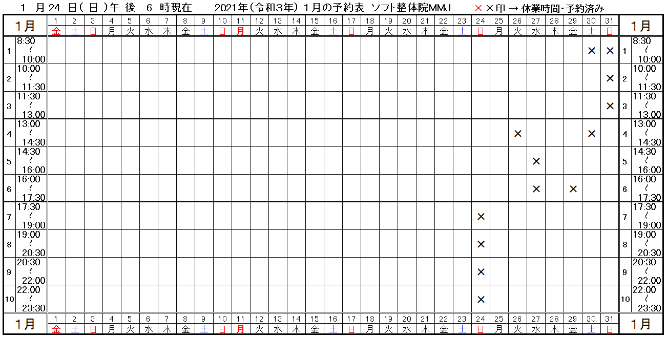 つくば市ソフト整体院MMJ2021年1月予約表