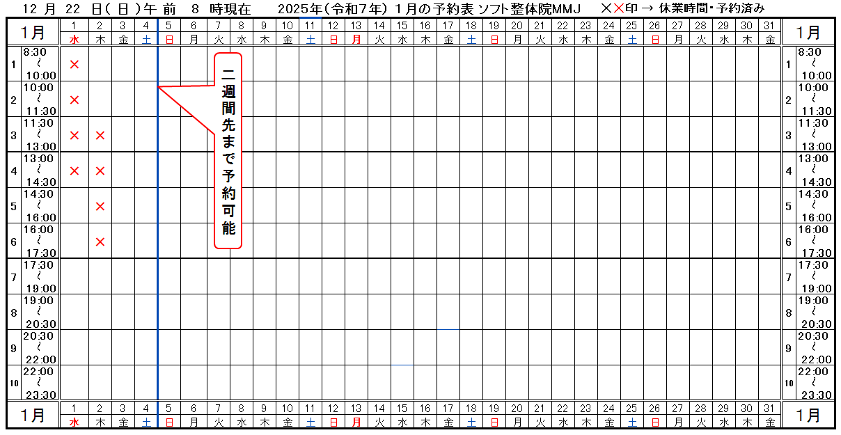 つくば市ソフト整体院ＭＭＪ2025年1月予約表