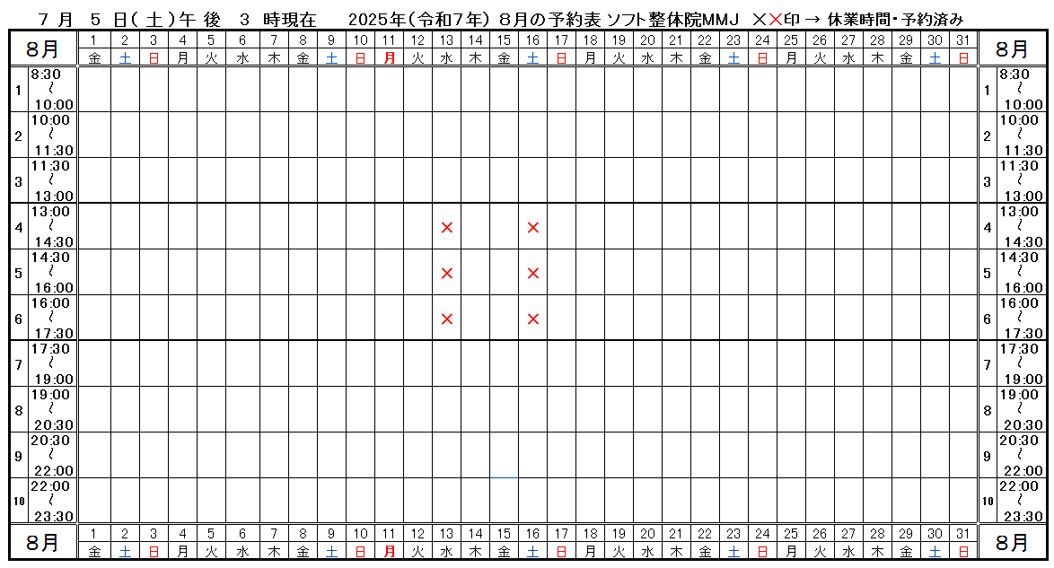 つくば市ソフト整体院MMJ2025年7月予約表
