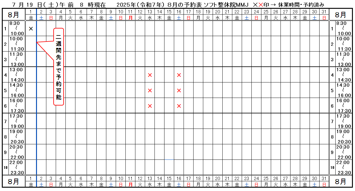 つくば市ソフト整体院MMJ2025年7月予約表
