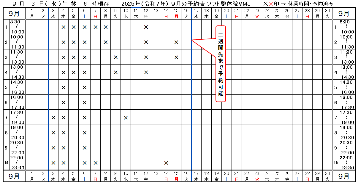 つくば市ソフト整体院MMJ2025年8月予約表