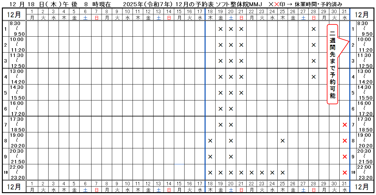 つくば市ソフト整体院ＭＭＪ2025年12月予約表