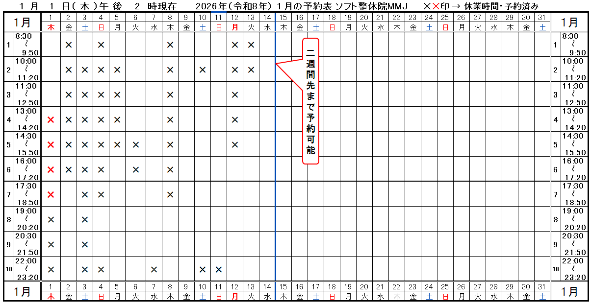 つくば市ソフト整体院ＭＭＪ2026年2月予約表