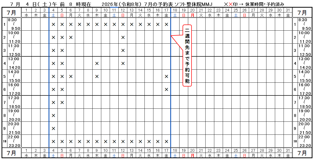 つくば市ソフト整体院ＭＭＪ2026年5月予約表